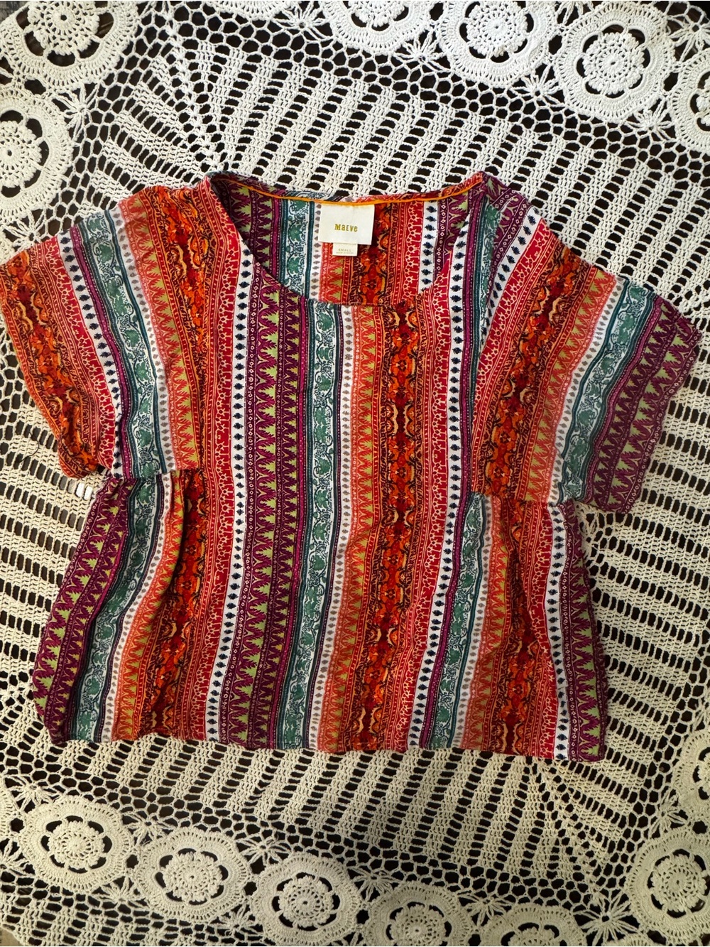 Maeve Bright Multistripe Bohemian Top - Pink, Green, Orange